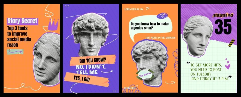 Statue Storis Templates. Vector vibrant designs with different textures and Stock Illustration
