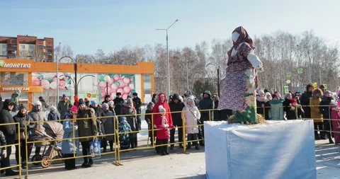 A statue symbolizing the passing winter, prepared for burning in the fire. Video stock 234105832
