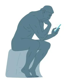 Statue of Thinker Sitting with a Smartphone in His Hand Stock Illustration