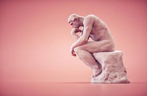 Statue of thoughtful man on red background. Confusion and overthinking concep Stock Illustration