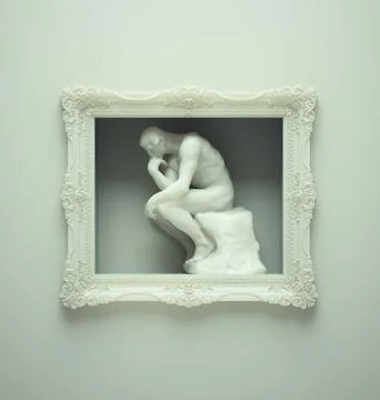 Statue of thoughtful man sitting down in a painting. Confusion and overthin.. Illustrazione stock