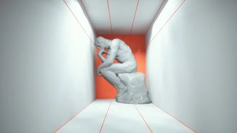 Statue of thoughtful man sitting down in a room. Confusion and overthinking.. Stock Illustration