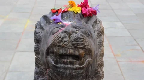 Statue of a tiger with flowers Stock Footage 57677427