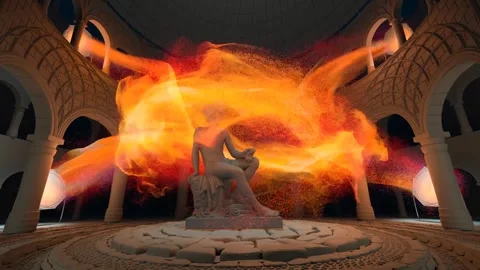 Statue wrapped in fire particles Stock Footage 292230350