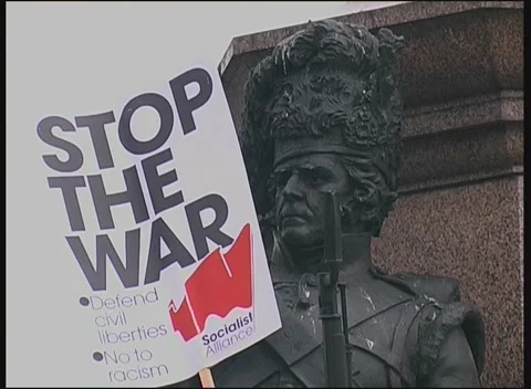 Statues with Banner at Anti-War Protest London  15th Feb 2003 Stock Footage 238089159