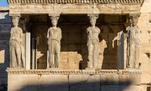 The Statues of the Caryatids on the acropolis hill Stock Photos