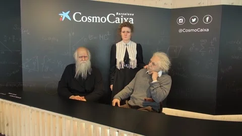 Statues Darwin Curie Einstein wax CosmoCaixa counter entrance museum Barcelona Stock Footage 327217325