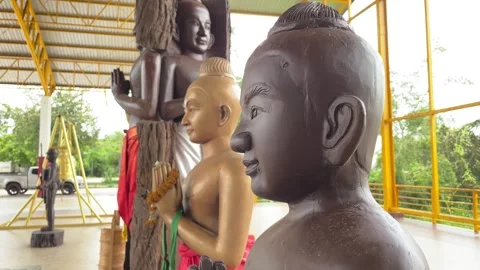 Statues disciples standing at temple outdoor day. Religious buddhism, Thailand Stock Footage 248407914