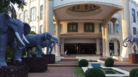 Statues of elephants in the background of a historic building by the fountain Video stock 146936267