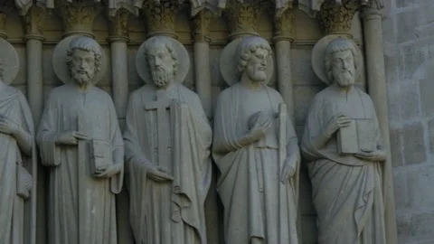 Statues On The Facade The Notre Dame Cathedral In Paris, France Stock Footage 158678586