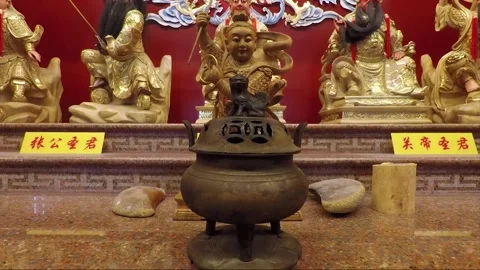 Statues of five Deities on the altar inside Chinese Temple, George Town, Penang Stock Footage 159753173