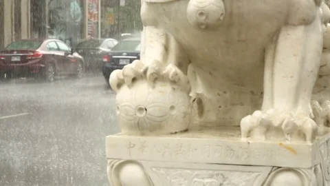 Statues of guardian lions Stock Footage