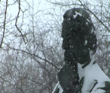 Statues in Park during Heavy snowfall - Pan Stock Footage 585951