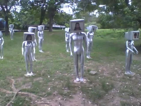 Statues with pc and  faces in the science museum, we're all the same Stock Footage 162284511