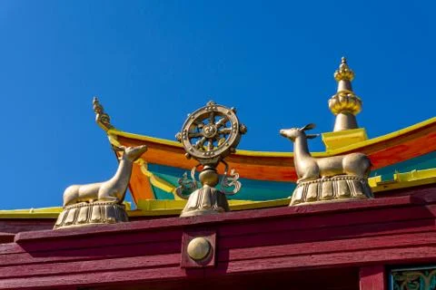 Statues on the roof of the Buddhist temple at Ivolginsky Datsan, Russia Stock Photos
