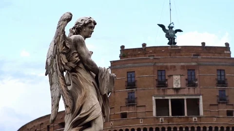 Statues on Sant Angelo Bridge, Vatican, Rome, Italy. Historic landmark. Summer  Stock Footage 125883074