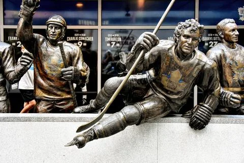 Statues of Toronto Maple Leafs on Legends Row in Toronto Stock Photos