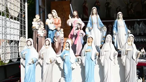 Statuette of the Virgin Mary. Statues of blessed Virgin Mary Stock Footage 238565277