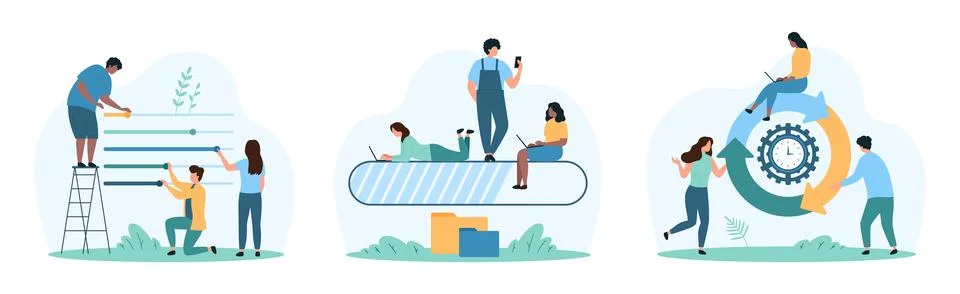 Status bar of loading progress in digital website UI, tiny people wait data 스톡 일러스트