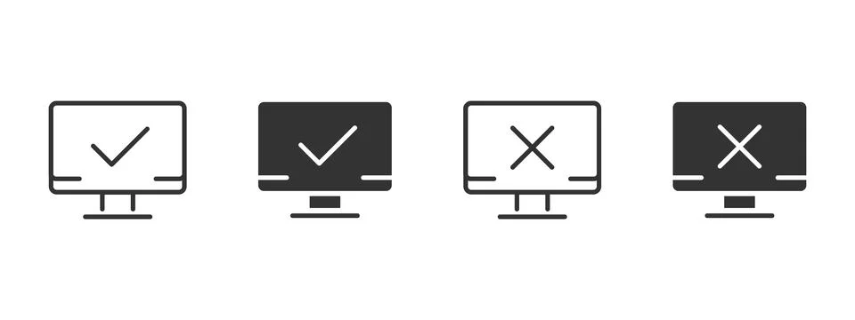 Status check icon. Computer screen with confirmation and error marks vector.. Illustrazione stock