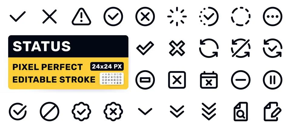 Status line icon set. Check mark, warning, success, error, loading, pending Stock Illustration