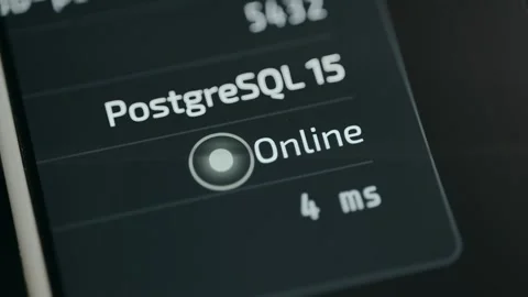 Status Online for PostgreSQL 15 database with glowing indicator Stock Footage 332468627