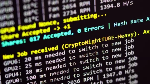 Status report of cryptocurrency mining rig on old dusty screen, hash rate rep Stock-Footage 146123102