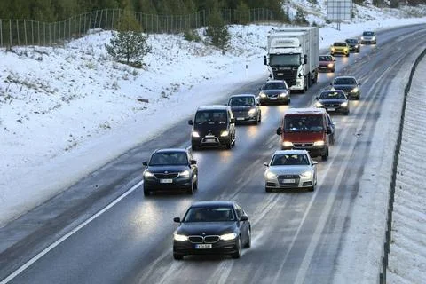  Stau auf der Autobahn Congested motorway traffic with cars and a heavy tr... Stock Photos