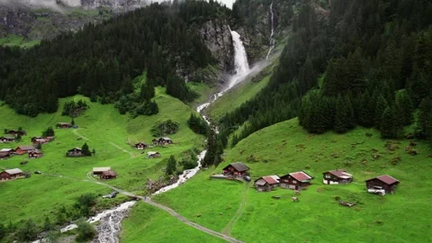 Staubbach Falls Aerial View Over Swiss Alpine Village Stockbeeldmateriaal 335521702