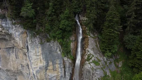 Staubbach Falls Retreating Drone Shot – Aerial View from Top Down Stock Footage 313562903