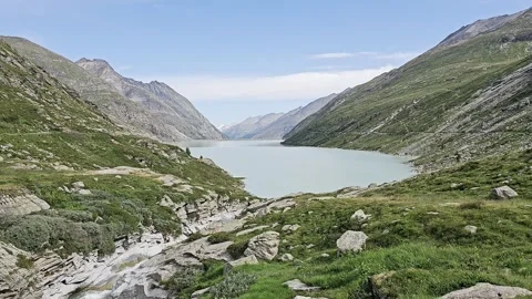 Stausee Mattmark from the high slabs, Valais, Switzerland, ridgelines stacking Stock-Footage 344532556