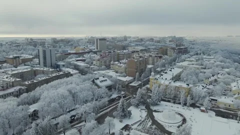 Stavropol city streets in winter, on panoramic aerial video, Russia Stock Footage 300080155