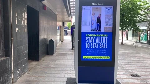 Stay Alert digital message displayed in Leeds City Centre, UK Stock Footage 130678888
