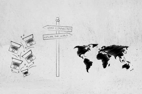 Stay connected or explore the world road sign with laptops and map Stock Illustration
