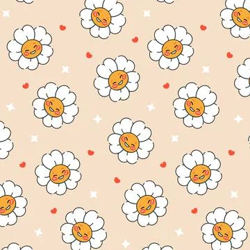 Stay groovy. Seamless pattern of bright trippy retro daisies characters. Stock Illustration