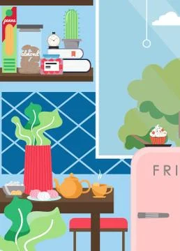 Stay at home kitchen interior vector poster template Stock Illustration