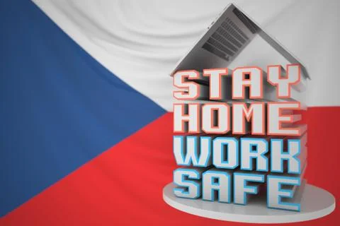 STAY HOME WORK SAFE text under laptop against the Czech flag. Remote work during Illustrazione stock