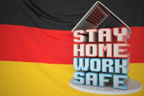 STAY HOME WORK SAFE text under laptop against the German flag. Remote work Stock Illustration