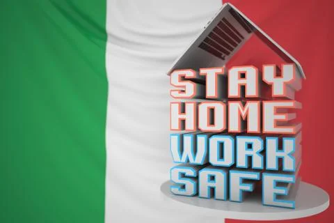 STAY HOME WORK SAFE text under laptop against the Italian flag. Remote work Stock Illustration