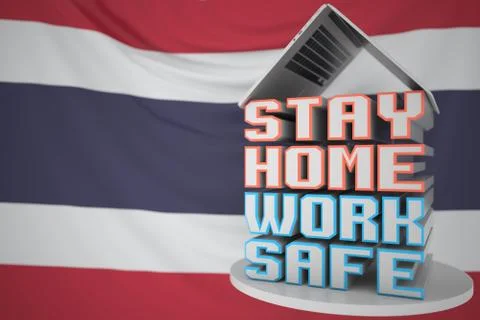 STAY HOME WORK SAFE text under laptop against the Thai flag. Remote work during Stock Illustration