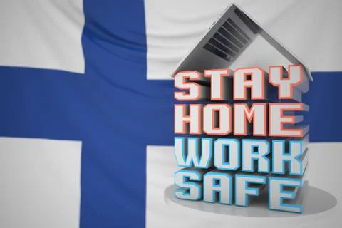 STAY HOME WORK SAFE text under laptop against the Finnish flag. Remote work Stock Illustration
