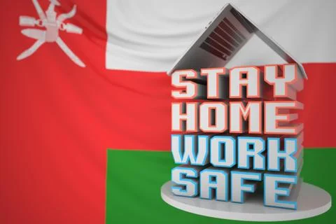 STAY HOME WORK SAFE text under laptop against the Omani flag. Remote work during Stock Illustration