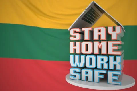 STAY HOME WORK SAFE text under laptop against the Lithuanian flag. Remote work Illustrazione stock