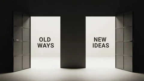 Stay the same or embrace change concept animation, two opening doors revealing Stock Footage 319379324
