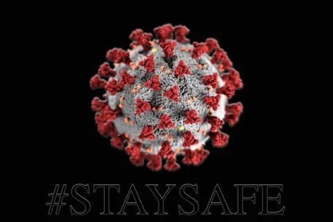 StaySafe text with large single virus on black background.  Coronavirus warni Ilustração Stock