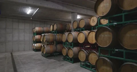 Steadicam Barrels of wine in a cellar Stock Footage 52604001