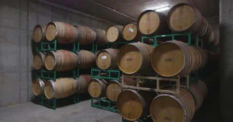Steadicam Barrels of wine in a cellar Stock Footage 52604162