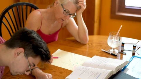 Steadicam high angle closeup of mother working out math problems for her Video stock 90081077