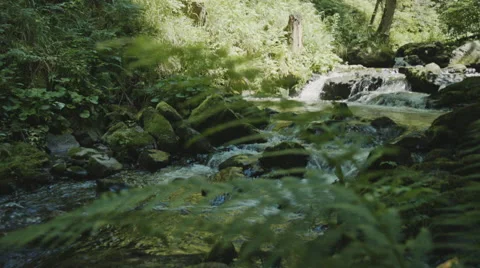 Steadicam of multiple small waterfalls that flows through a canyon Video stock 63225035