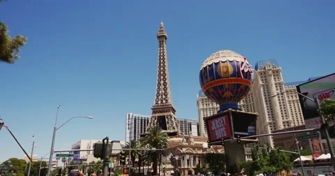Steadicam shot of the Eiffel Tower in Las Vegas. Stock Footage 52972368